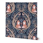 Whimsical forest blue , brown and orange - fox - birds - wallpaper - home decor - bedding - curtains - damask - watercolor - animals 