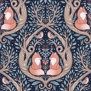 Whimsical forest blue , brown and orange - fox - birds - wallpaper - home decor - bedding - curtains - damask - watercolor - animals 