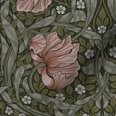 Pimpernel - Medium 14"  - historic reconstructed damask wallpaper by William Morris - sage Woodchuck Color #8e736b  antiqued restored reconstruction  art nouveau art deco - linen effect