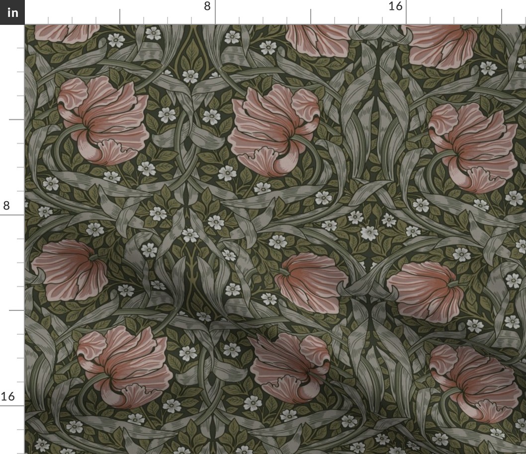 Pimpernel - Medium 14"  - historic reconstructed damask wallpaper by William Morris - sage Woodchuck Color #8e736b  antiqued restored reconstruction  art nouveau art deco - linen effect