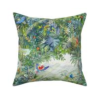 Jungle Watercolor (large scale) | Jungle animals, rainforest fabric, global tropical forest with parrots, chameleons, lizards and birds, watercolor fabric, colorful fabric, tropical leaves and plants.