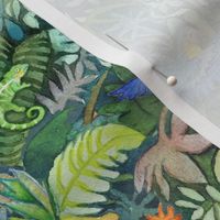 Jungle Watercolor (large scale) | Jungle animals, rainforest fabric, global tropical forest with parrots, chameleons, lizards and birds, watercolor fabric, colorful fabric, tropical leaves and plants.