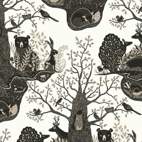 Magical Oak Tree-Forest Fauna-Bear, Bunny, Deer, Boar, Fox, Mole, Birds, Owl, Mushrooms, Squirrel, Badger- Grey on light Large