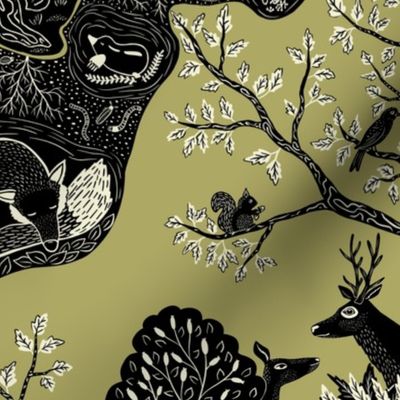 Magical Oak Tree-Forest Fauna-Bear, Bunny, Deer, Boar, Fox, Mole, Birds, Owl, Mushrooms, Squirrel, Badger- Green Large