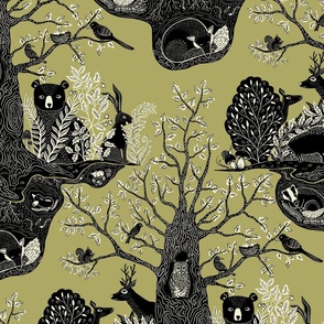 Magical Oak Tree-Forest Fauna-Bear, Bunny, Deer, Boar, Fox, Mole, Birds, Owl, Mushrooms, Squirrel, Badger- Green Large