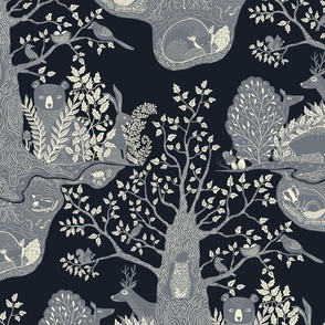 Magical Oak Tree-Forest Fauna-Bear, Bunny, Deer, Boar, Fox, Mole, Birds, Owl, Mushrooms, Squirrel, Badger- nighttime Large