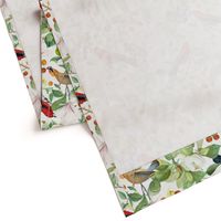 Vintage Hand Painted Exotic Birds in the Nostalgic Tropical Flower Magnolia And Berry Greenery Jungle - white