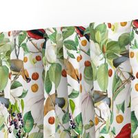 Vintage Hand Painted Exotic Birds in the Nostalgic Tropical Flower Magnolia And Berry Greenery Jungle - white