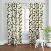 Vintage Hand Painted Exotic Birds in the Nostalgic Tropical Flower Magnolia And Berry Greenery Jungle - white