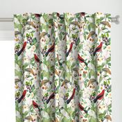 Vintage Hand Painted Exotic Birds in the Nostalgic Tropical Flower Magnolia And Berry Greenery Jungle - white