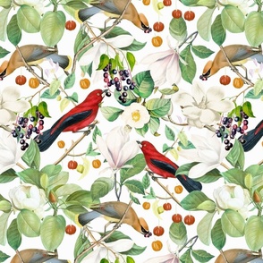 Vintage Hand Painted Exotic Birds in the Nostalgic Tropical Flower Magnolia And Berry Greenery Jungle - white