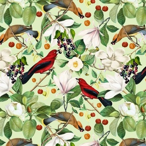 Vintage Hand Painted Exotic Birds in the Nostalgic Tropical Flower Magnolia And Berry Greenery Jungle - spring green