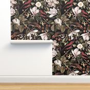 Vintage Hand Painted Exotic Birds in the Nostalgic Tropical Flower Magnolia And Berry Greenery Jungle - black sepia