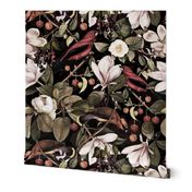 Vintage Hand Painted Exotic Birds in the Nostalgic Tropical Flower Magnolia And Berry Greenery Jungle - black sepia