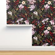 Vintage Hand Painted Exotic Birds in the Nostalgic Tropical Flower Magnolia And Berry Greenery Jungle - black 