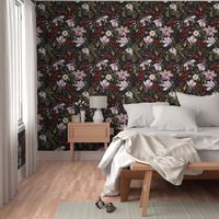 Vintage Hand Painted Exotic Birds in the Nostalgic Tropical Flower Magnolia And Berry Greenery Jungle - black 
