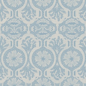 Antoinette in light dusty blue and grayish off-white, victorian grandmillenial, heritage revival
