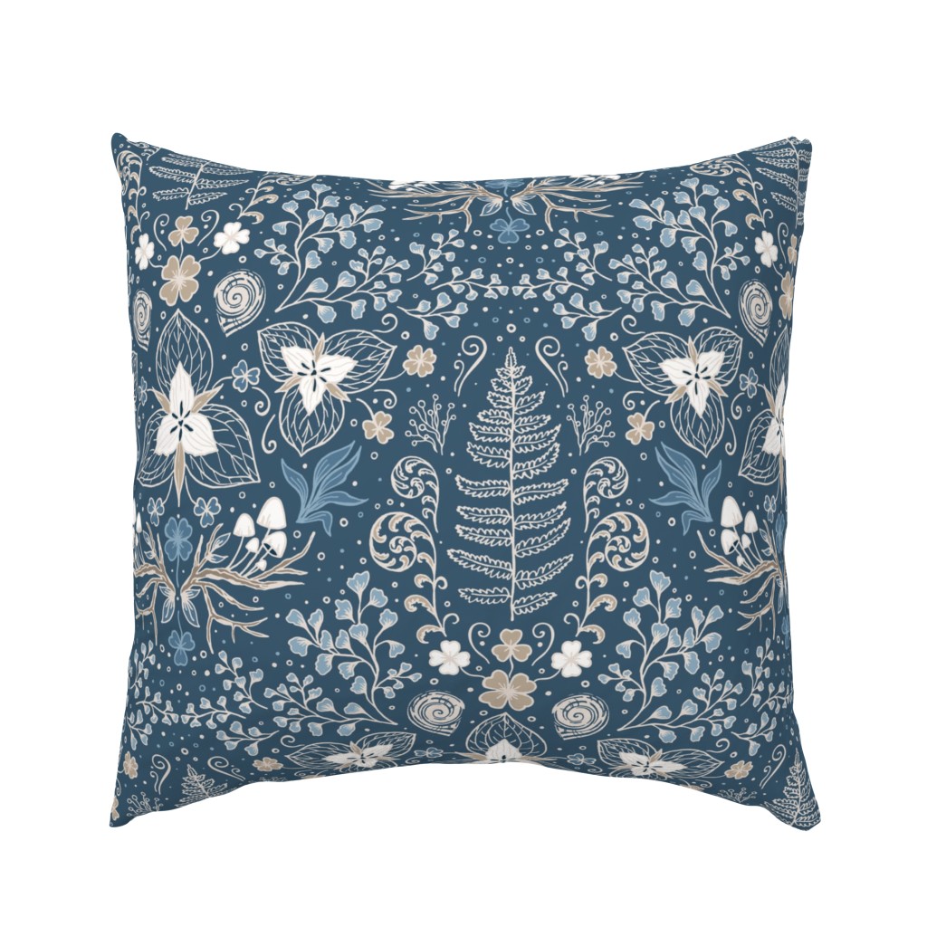 Wildwood flora.  Forest biome. Botanical damask  - Navy blue and sand -Large scale