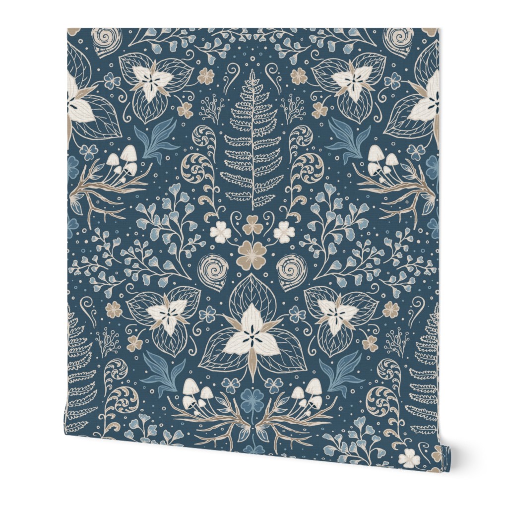 Wildwood flora.  Forest biome. Botanical damask  - Navy blue and sand -Large scale