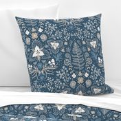 Wildwood flora.  Forest biome. Botanical damask  - Navy blue and sand -Large scale