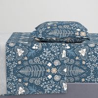 Wildwood flora.  Forest biome. Botanical damask  - Navy blue and sand -Large scale