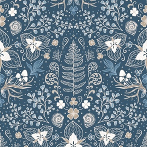 Wildwood flora.  Forest biome. Botanical damask  - Navy blue and sand -Large scale