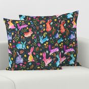 Easter Spring forest Colorful bunnies and rabbits floral Charcoal Medium