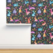 Easter Spring forest Colorful bunnies and rabbits floral Charcoal Medium