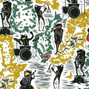 Croak Band 2.0- Frogs Jamming Session in the Amazon Forest- Block Print- Large Scale 