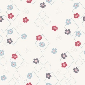 flowerets on diamonds - berry pink and blue on white