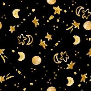 6" Gold Moon and Stars on Black / Hand Painted