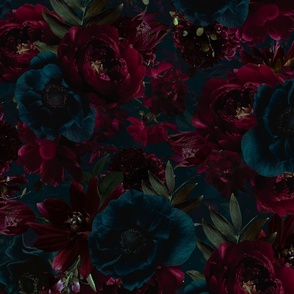 Large - Opulent Antique Baroque Maximalistic Real Rose Flowers Romanticism - Gothic And Mystic inspired Dark Teal