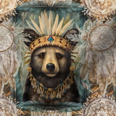 6 BOHO INDIAN ANIMALS CHECKERBOARD BUNNY BEAR LION WOLF FOX HEDGEHOG RACCOONFEATHERS DREAMCATCHER NATIVE FLWRHT