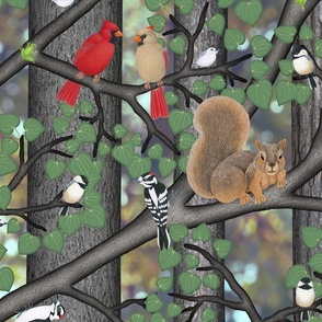 forest with birds and squirrels