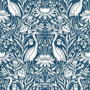 Heron Wallpaper Coastal Decor Classic Blue and White Bird Lake House Beach House -  Denim Blue