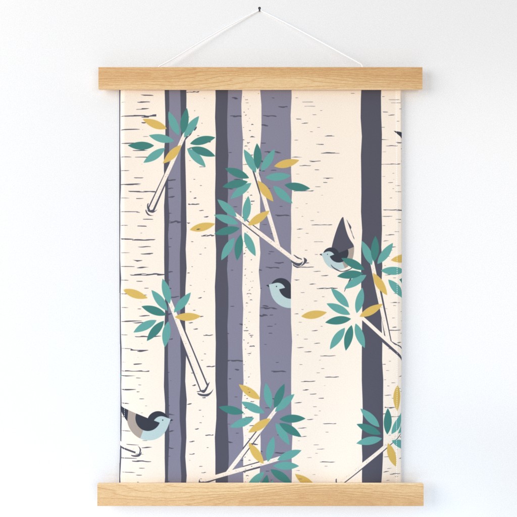 Birch Trees in a Forest with Cute Chickadees in cream, violet, gold, and green