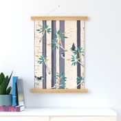 Birch Trees in a Forest with Cute Chickadees in cream, violet, gold, and green
