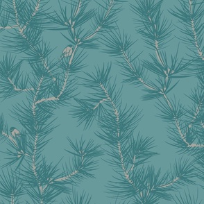 Blue Green Pine Branches with Chickadees