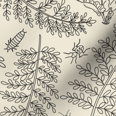 (L) Forest Floor Ferns and Woodland Creatures - Large - Charcoal and Cream - Line Drawing