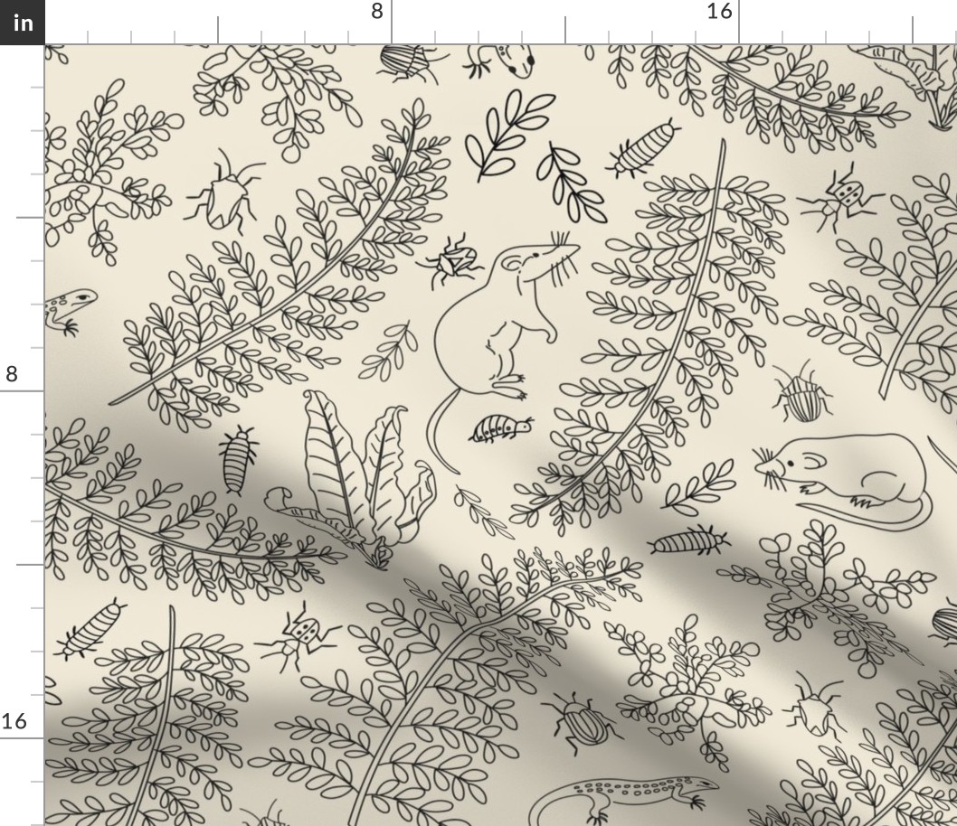 (L) Forest Floor Ferns and Woodland Creatures - Large - Charcoal and Cream - Line Drawing