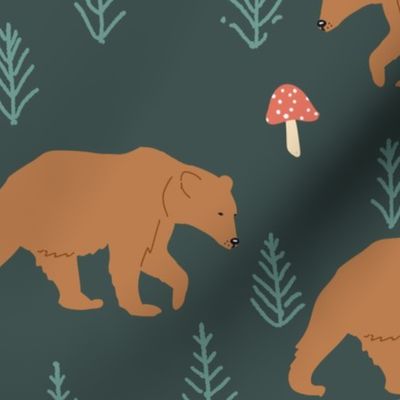 Grizzly Bears with mushrooms in the forest