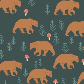 Grizzly Bears with mushrooms in the forest