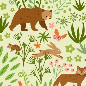 Adorable Woodland Forest Creatures in green, orange and pink on light green (LG)