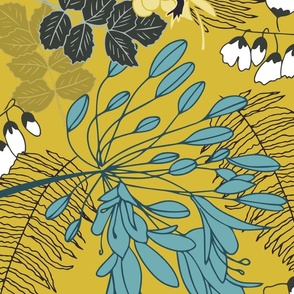 Forest (XL) flora and fauna with light cerulean blue agapanthus flowers whimsical on saffron yellow background