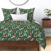 (L) Whimsical  Woodland Animals, Flowers & Trees Nature Forest Pattern in Dark Green