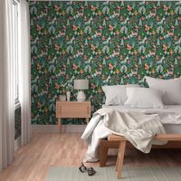 (L) Whimsical  Woodland Animals, Flowers & Trees Nature Forest Pattern in Dark Green