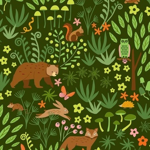 Adorable Woodland Creatures in green, orange and pink on a green background (Med)