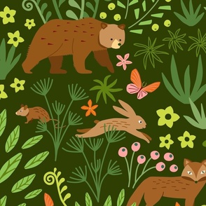 Adorable Woodland Creatures in green, orange and pink on a green background (LG)