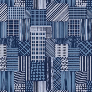 Indaco Blue Cheater Quilt With Irregular Grid of  Stripes, Dots and Plaid Patterns, Small Scale, Monochromatic Indigo
