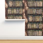 Enchanted Forest Library with books in painted magic trees with mushrooms and moss